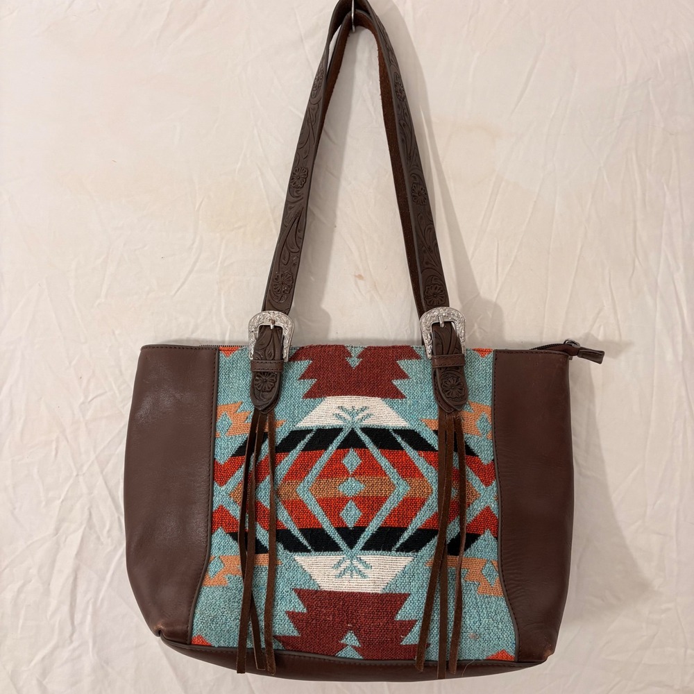 Shyanne Western Aztec Leather Kilim Tote Bag Tooled Buckle Straps Turquoise